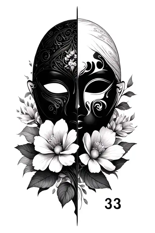 33 Number Side By Side With A Mask Splited In Horizontal And Petals Vanishing