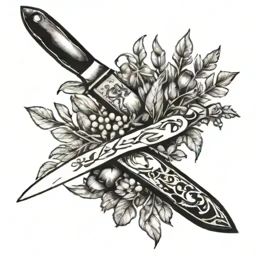 A Detailed Blackwork Tattoo Of A Chef's Knife And Fork Intertwined With Herbs And Spices