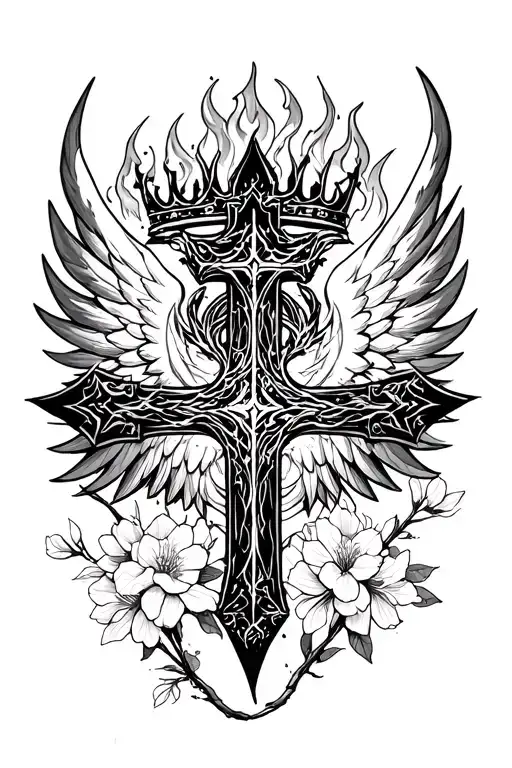 Fullmetal Alchemist Cross With Flamed Wings And Crown Surrounded By Cherry Blossoms