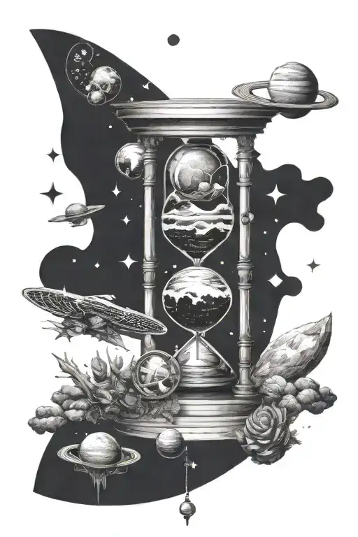 Solar System And Outer Space Around An Hourglass Within A Mechanical Clock