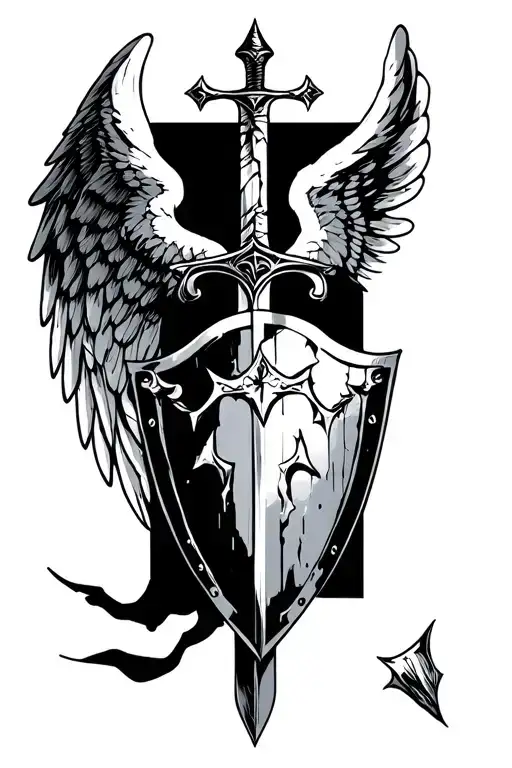An Angel Wing And Devil Wing With A Broken Sword And Shield In The Middle