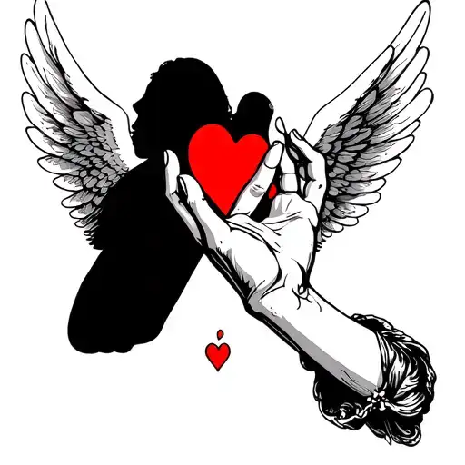 Hand And A Heart Floating And Behind A Shadow Of An Angel
