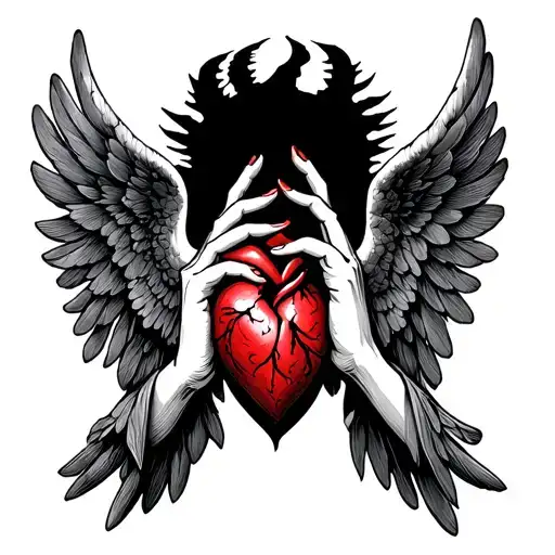 Hand And A Black Heart And A Angel Shadow Behind Them