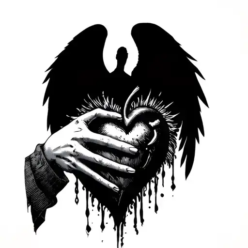 Hand And A Black Heart And A Angel Shadow Behind Them