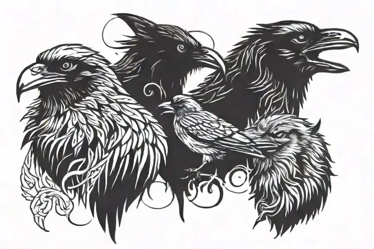Two Ravens On Left Chest And One Calm Wolf On R8ght Chest