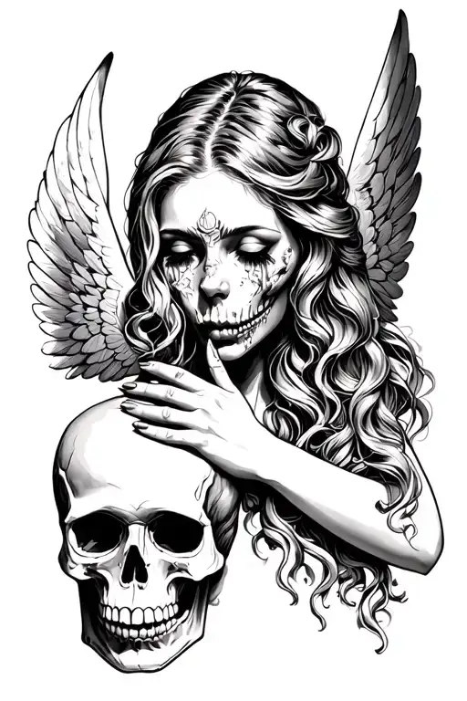 Woman Angel Holding The Face Of A Sad Skull