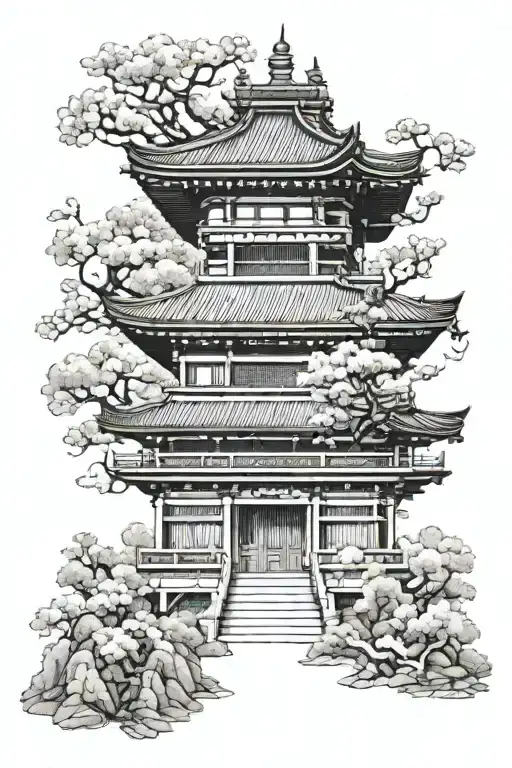 Japan Pagoda Temple Surrounded By Blooming