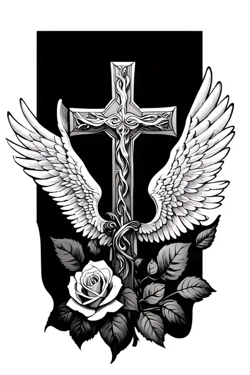 A Cross With Nothing In It With Wings Around It And A Rose