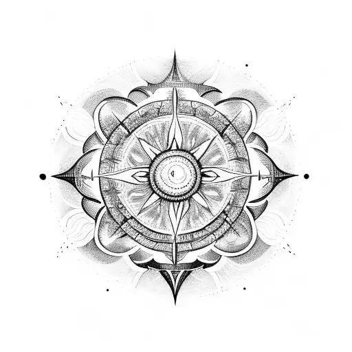 A Blackwork Tattoo Of A Mystical Sun With Geometric Patterns And Sacred Geometry