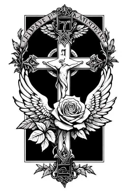 A Cross That Says Frances In It Wings Around It And A Rose