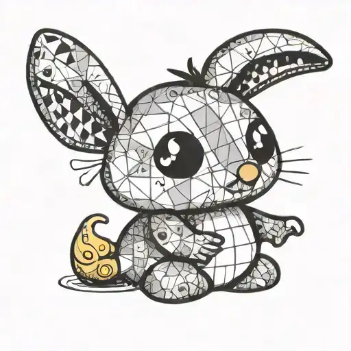 A Simple Line Tattoo Featuring A Patchwork Style Stuffed-toy Rabbit Holding A Rubber Ducky
