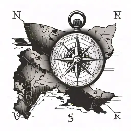 A Minimalist Compass Tattoo With A Map Of New England In The Background In Blackwork Style