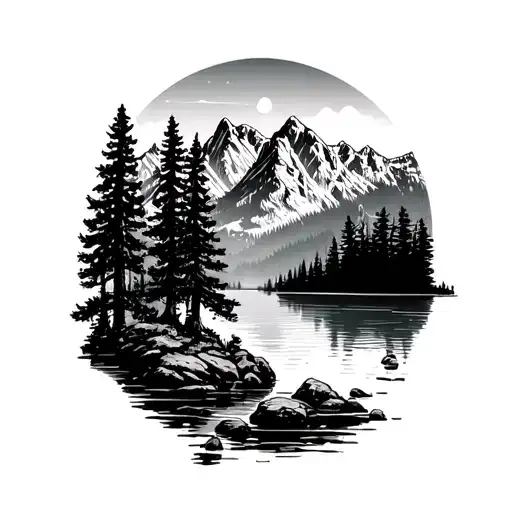 Trees And Lake Surrounded By Mountains