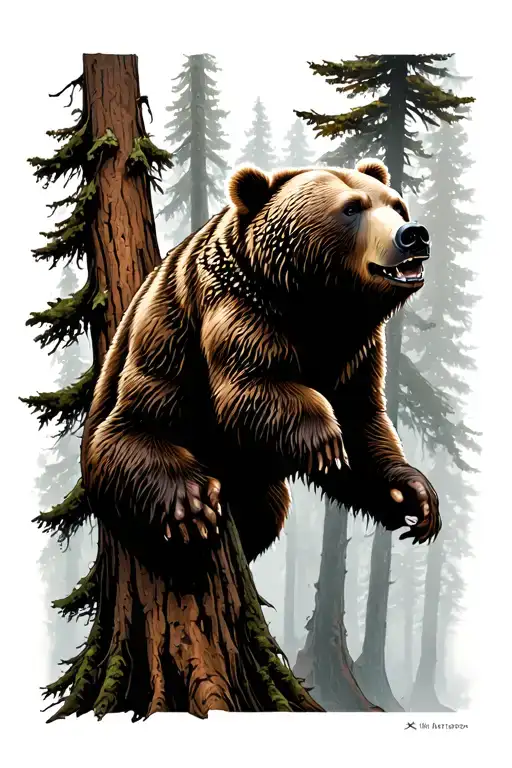 Grizzly Bear Climbing Giant Redwood With Fog