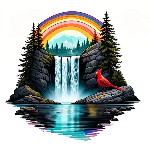 Waterfall With Rainbow And Cardinal