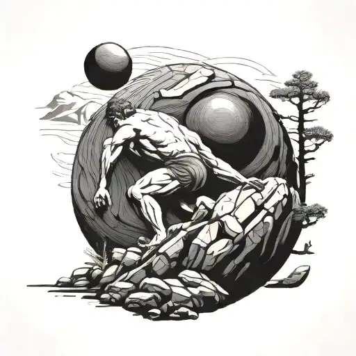 Sisyphus Pushing Boulder Up Mountain