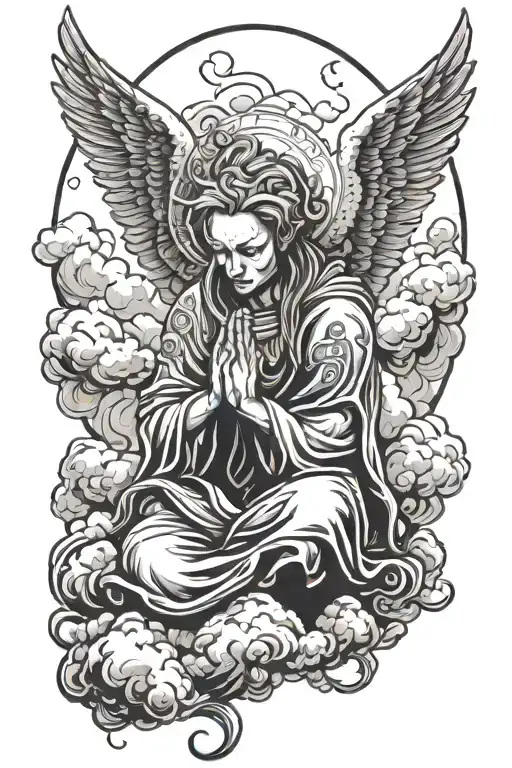 Evil Angel Praying Surrounded By Clouds