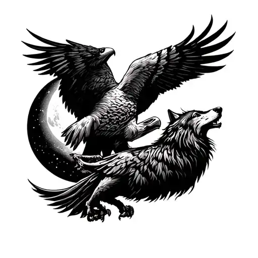 An Eagle Wrapping Around A Wolf Howling At The Moon