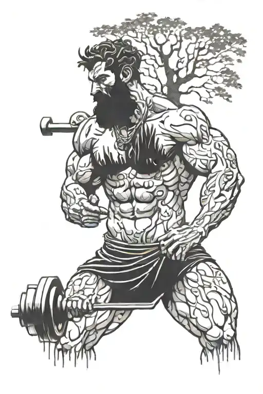 Greek God Lifting Weights In Forest In Fog Blur