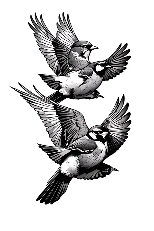 3 Semirealisitic Sparrows Flying Upward Together Facing Inward Symbolizing Siblings