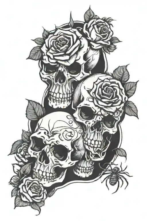 Skulls With Roses And Spiders
