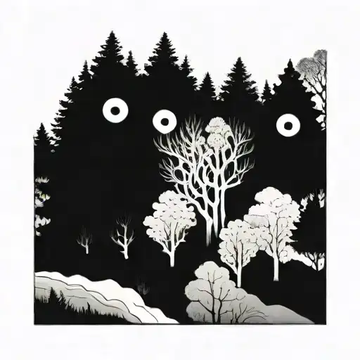 A Surrealistic Painting Of A Forest With Eyes Hidden Among The Trees Tattoo