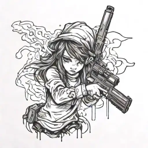 Gloomy Girl Covered In Blood With A Gun In Her Hands