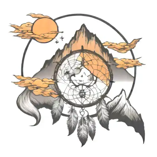 Dreamcatcher With Mountain Range And Moon Inside