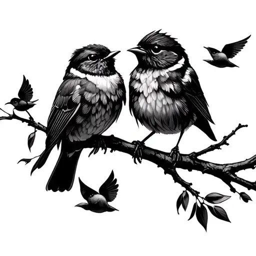 Two Small Birds On A Branch And Two Baby Birds Flying Away