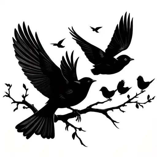 Two Birds On A Branch And Two Baby Birds Flying Away