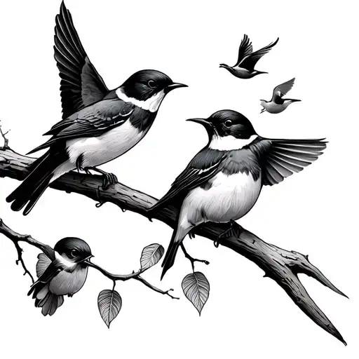 Two Swallows On A Branch And Two Baby Birds Flying Away