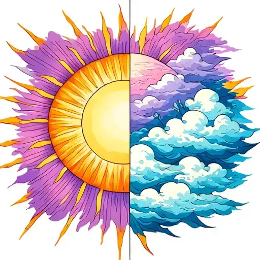 One Half Is A Sun With Rays Only And The Other Half Is Clouds Only