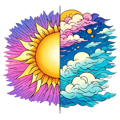One Half Is A Sun With Rays Only And The Other Half Is Clouds Only