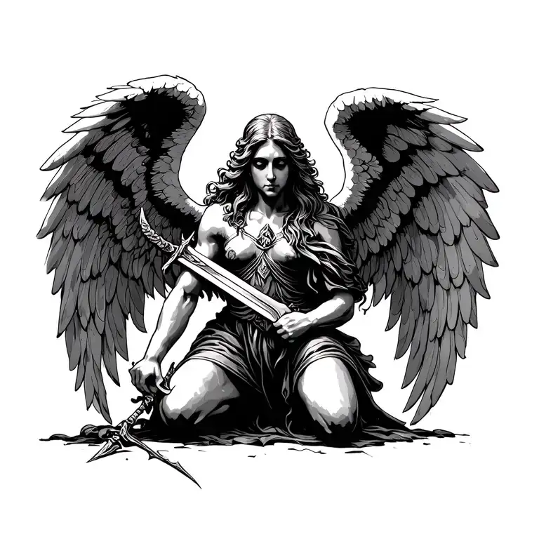 Front Kneeling Angel Holding A Sword