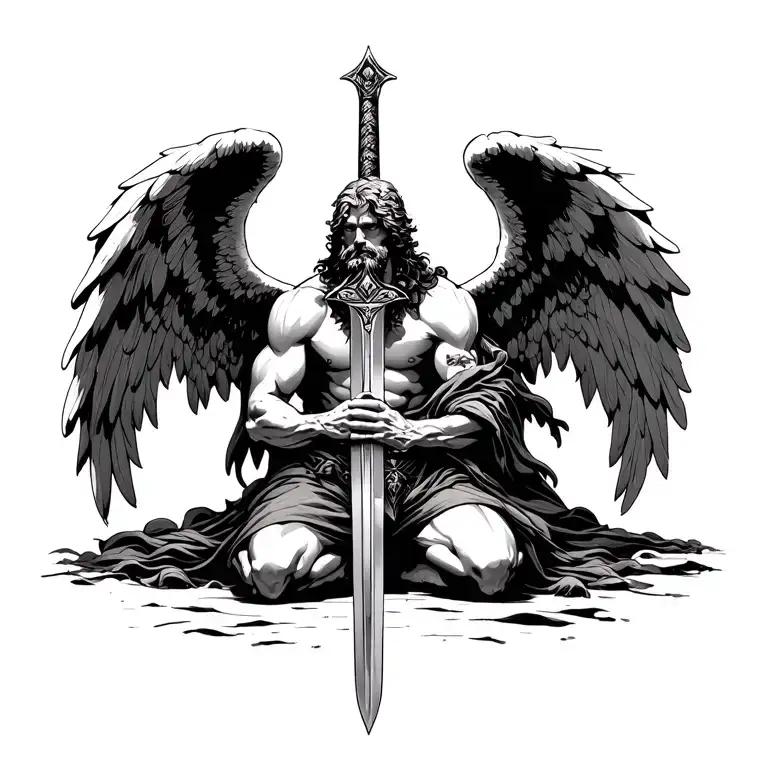 Front Kneeling Male Angel Holding A Sword Intertwined