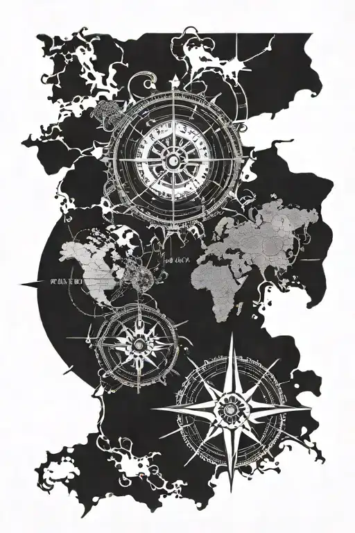 World Map And Compass Rose With Intricate