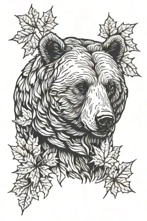 Grizzly Bear Head With Maple Leaves