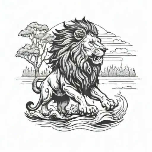 A Lion Roaring While Standing On A Riverbank With A Forest In The Background