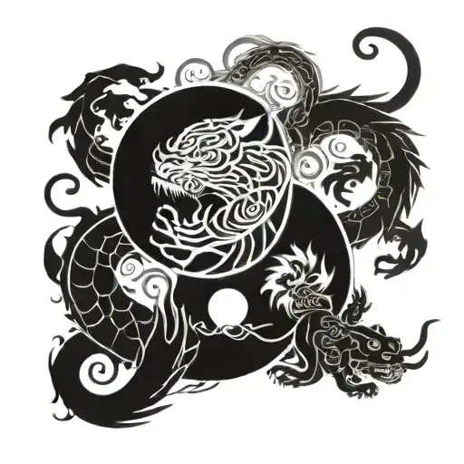 A Yin Yang Symbol Intertwined With Intricate Tiger And Dragon Motifs