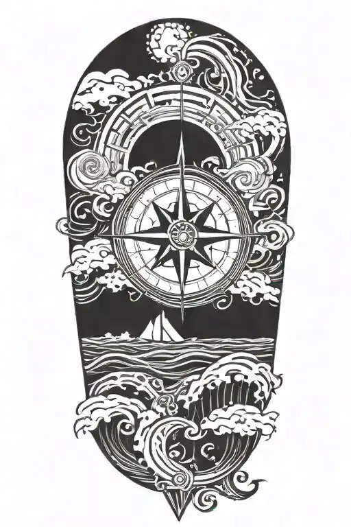 A Detailed Compass Rose Surrounded By Swirling Ocean Waves And A Radiant Sun