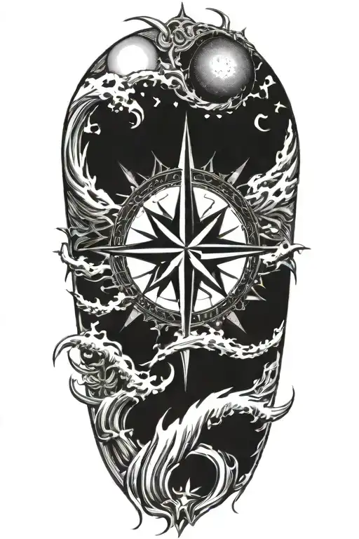 A Detailed Compass Rose Surrounded By Swirling Ocean Waves And A Radiant Sun