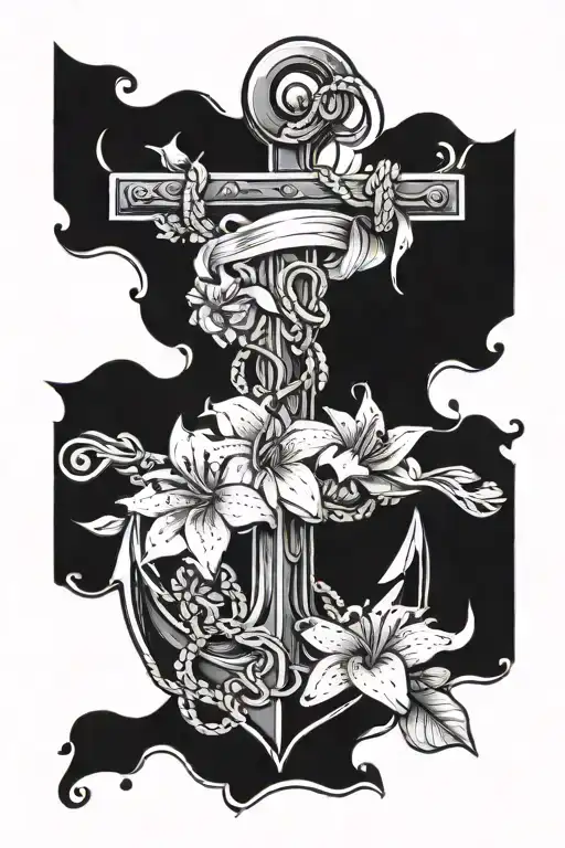 Anchor And Lilly Flowers Intertwined