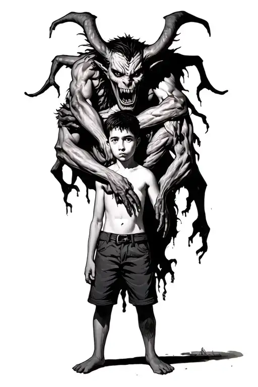 A Boy Standing With A Scary Demon Wrapped Around Him