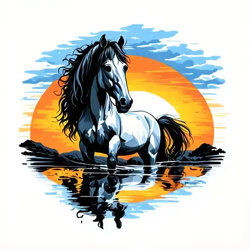 Horse On Land With Sunset Reflecting