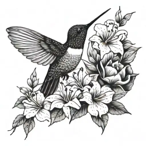 A Hummingbird Feeding On A Variety Of Exotic Flowers