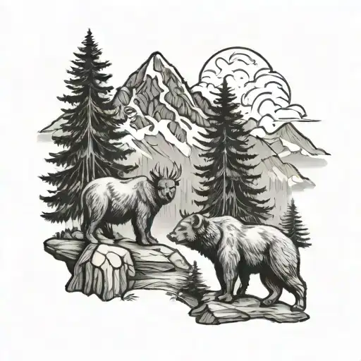 A Buck And A Bear Standing With A Background Of Mountains And Pine Trees
