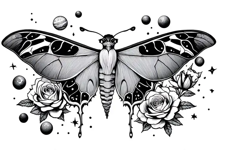 Luna Moth Surrounded By Roses With Planets And Stars