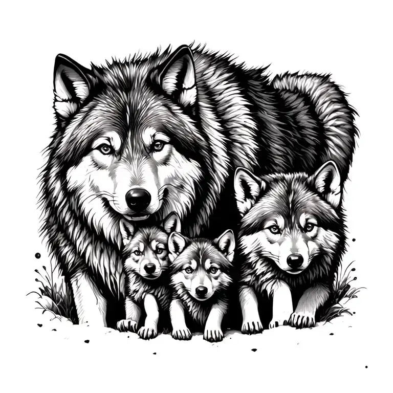 Wolf With 3 Cubs