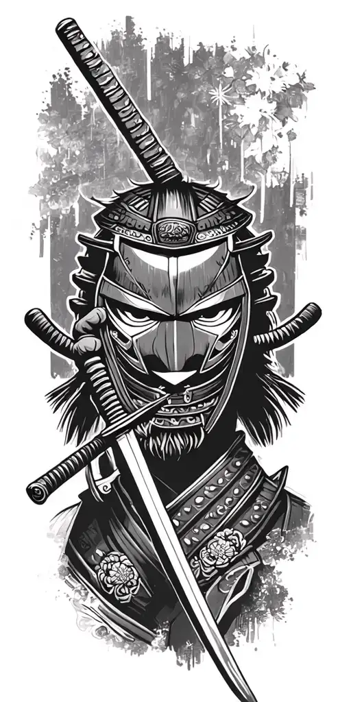 Samurai With Katana In Mask Black And White Tattoo Sketch Simple
