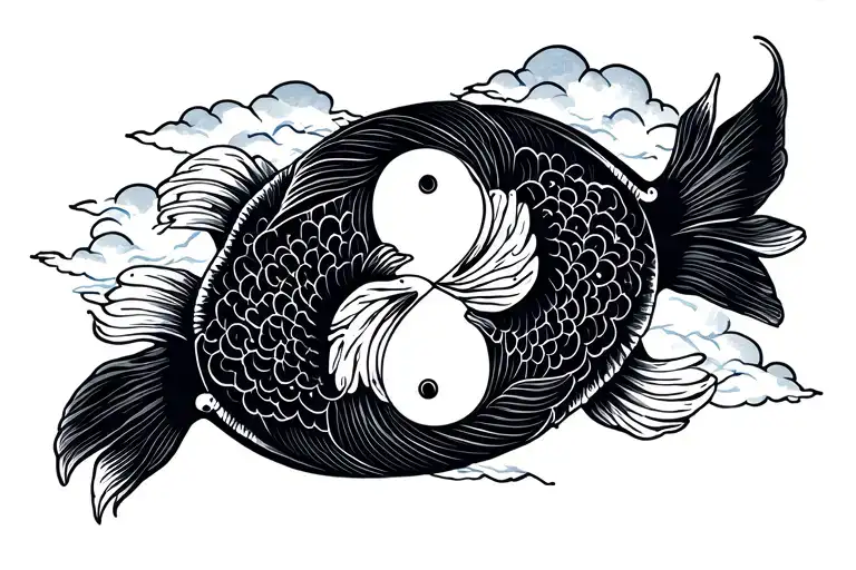 Japanese Style With Koi Yin And Yang Fish With Cloud Background